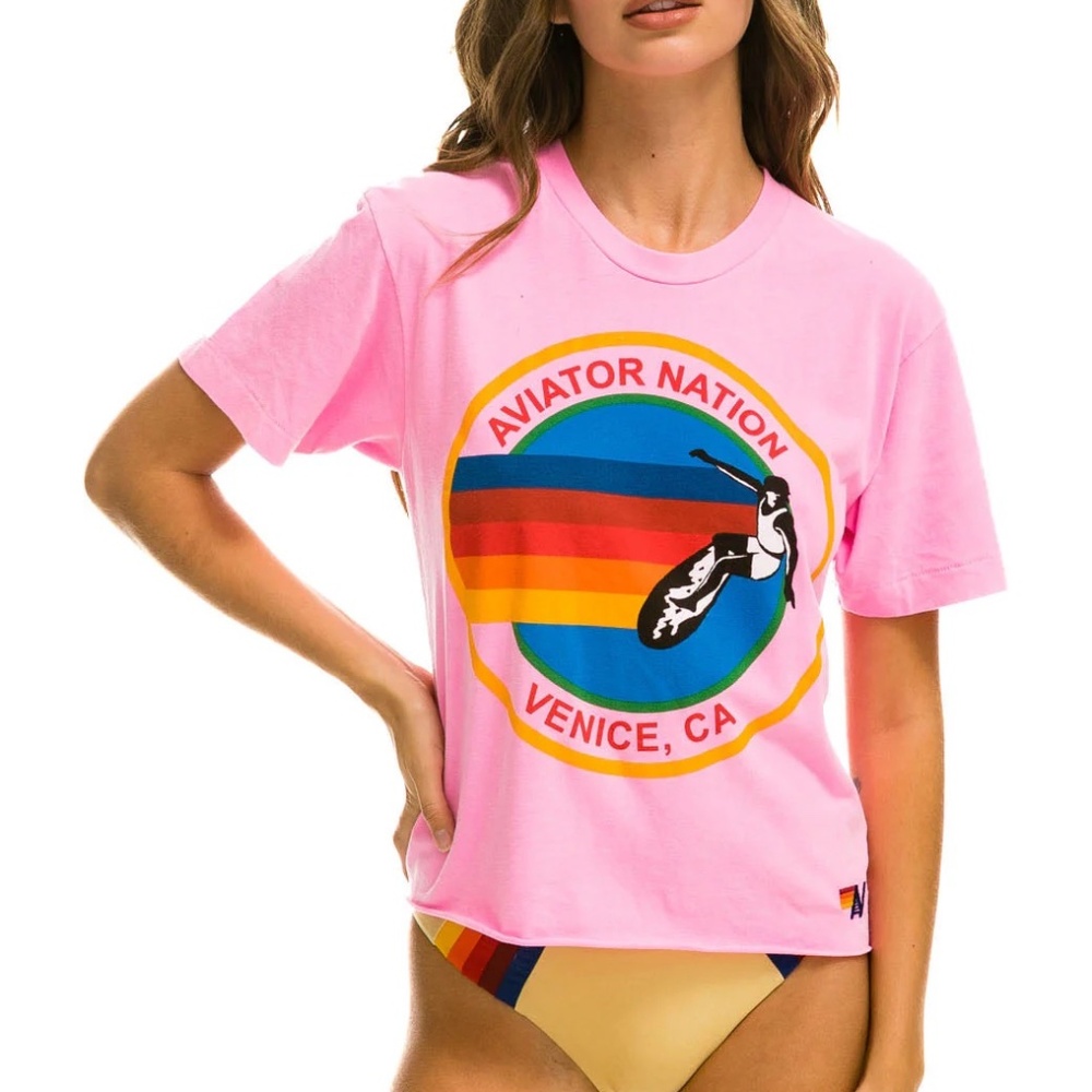 Aviator Nation Signature Boyfriend Tee Medium Neon pink